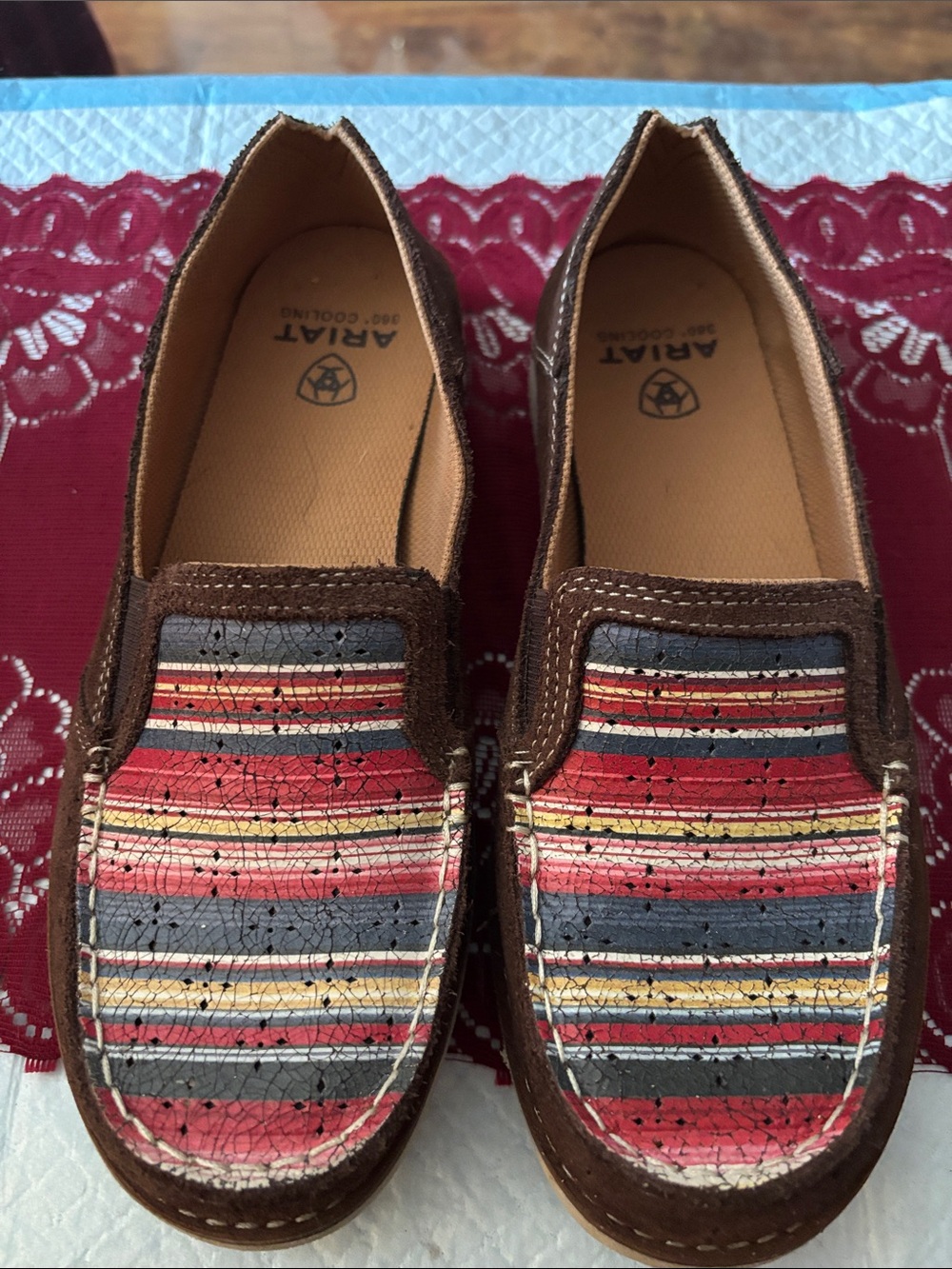 Ariat Brown Slip-On Loafers with Red and Gray Striped Upper